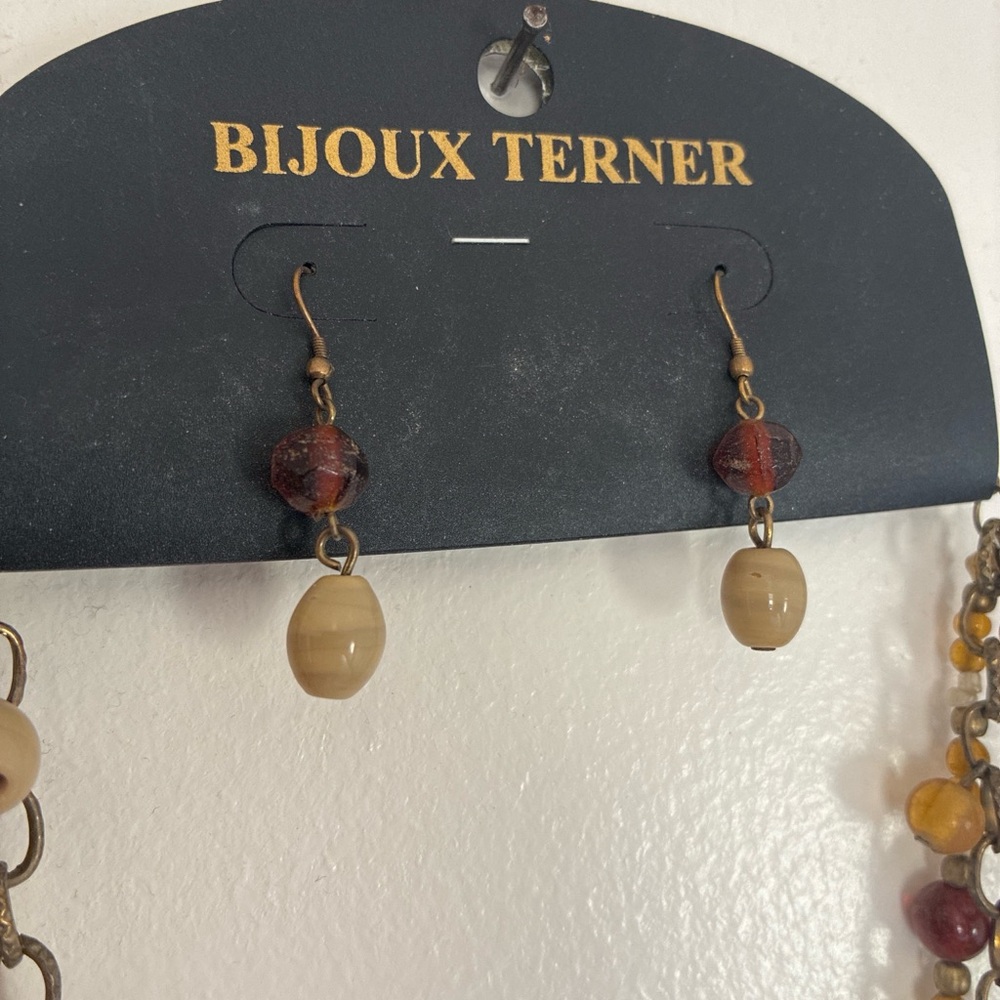 Bijoux Terner Multistrand Amber, Brown and Cream Beaded Necklace with Earrings - Picture 2 of 3
